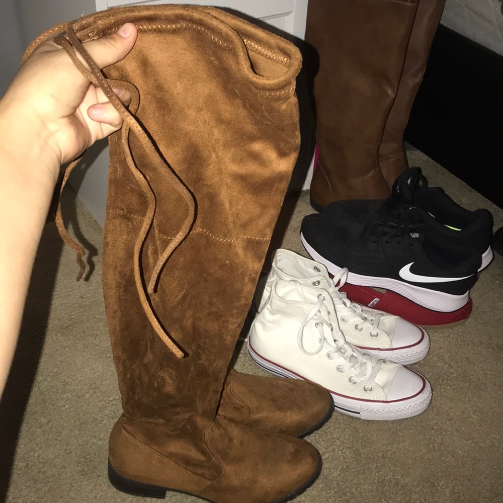 Thigh high suede brown boots